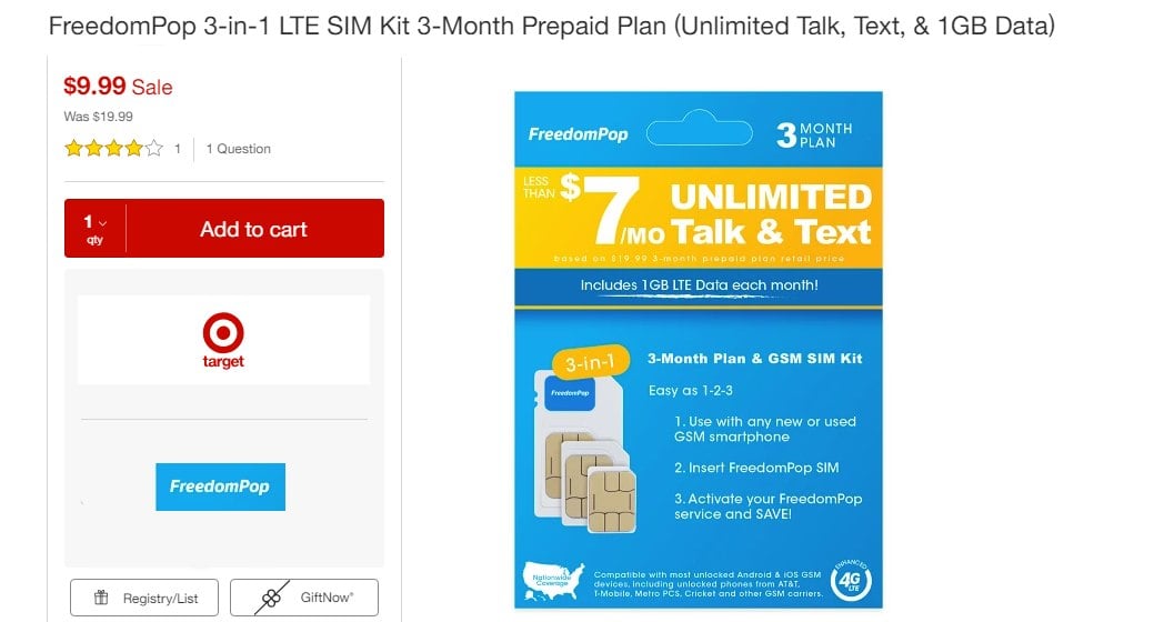 Freedompop S Unlimited Talk Text And 1gb Lte Data Gsm Plan On Sale At Target For 3 33 Month Bestmvno